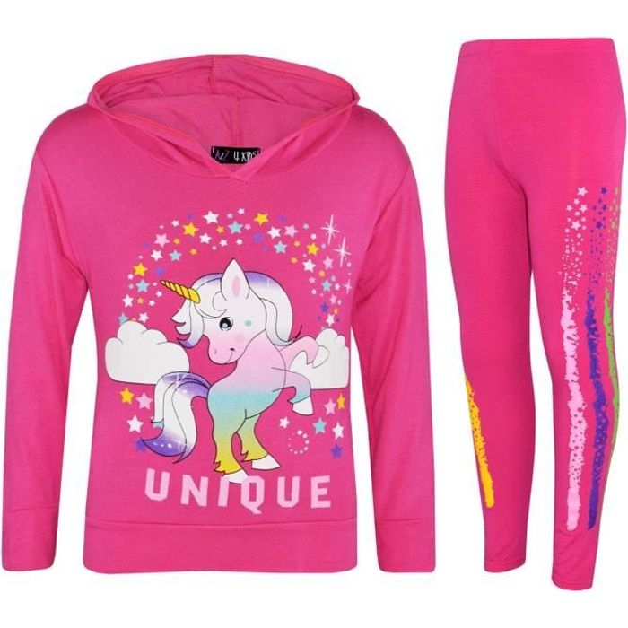 Unique Rainbow Tamponnez Unicorn Imprimé à capuchon Haut Et legging Ensemble Survêtemen Pour Fille 7-13 Ans