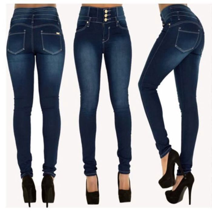 Pantalon en jeans femme slim elastique taille haute Indigo bleu DEMEUBLE Coupe slim Taille haute bleu Cdiscount Pret a Porter
