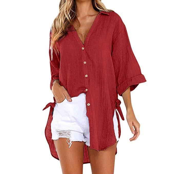 Femme Grande Taille Chemisier Boutonne Manche Longue Col V Blouse Chic Chemise Couleur Unie Ample Chemise T Shirt rouge NYSTORE