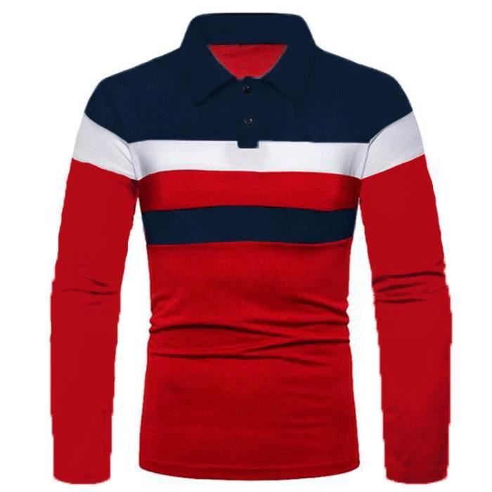 Homme Polo Shirt Polo de Golf Col Classique Manches Longues Polo Shirt Casual Rouge