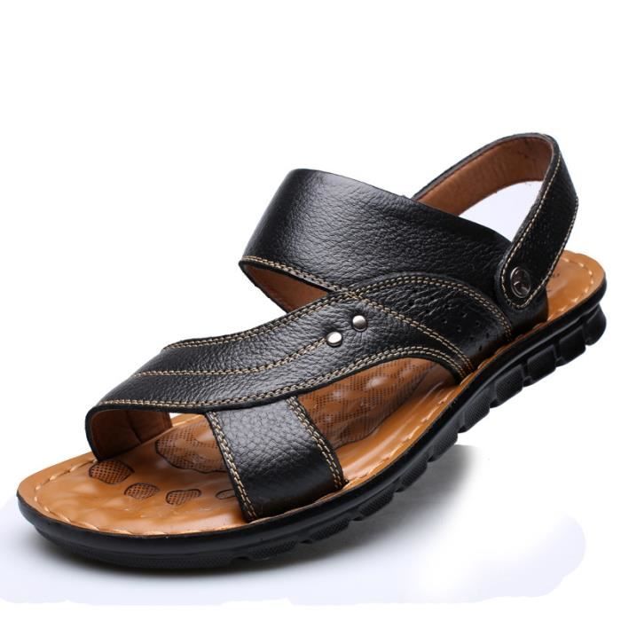 Sandales Homme Chaussures de Plage en Cuir Antiderapantes ete Confort Mode Noir Cdiscount Chaussures
