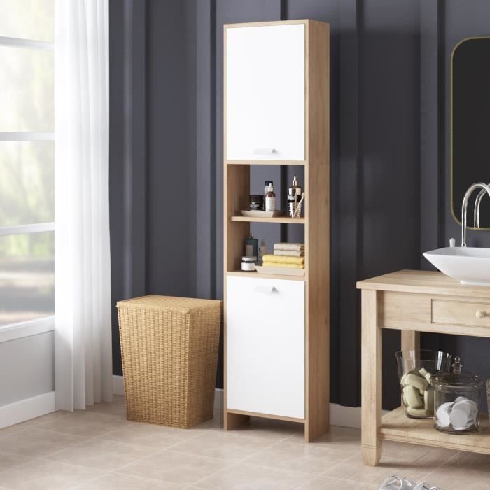 Meuble Colonne de Salle de Bain avec 4 Compartiments, Armoire pour Salle d’Eau, Cuisine, L 39,5 cm x P 19,3 cm x H 170 cm, Hêtre