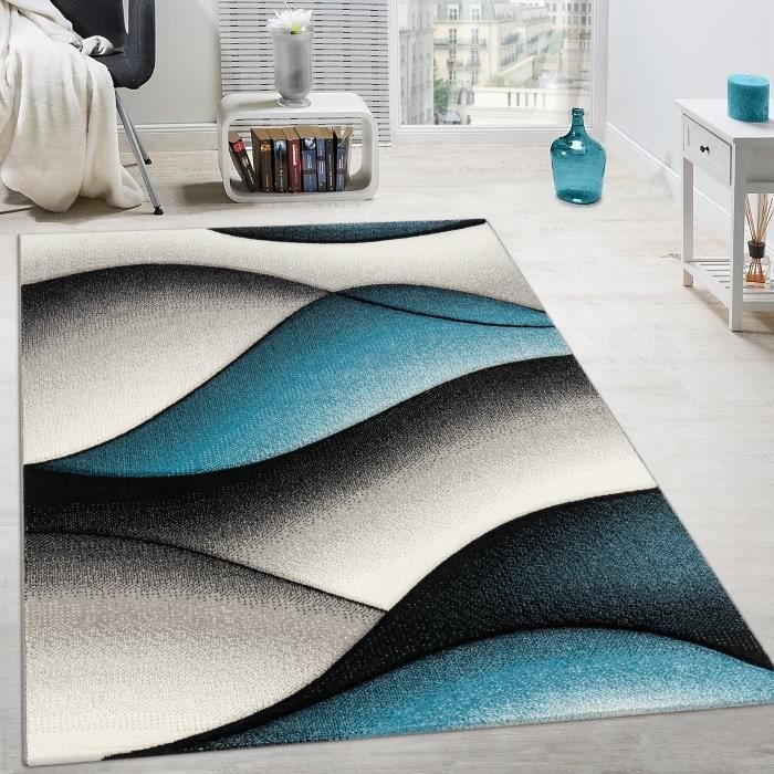 tapis de createur moderne abstrait vagues effet contours decoupes en gris turquoise 160x230 cm cdiscount maison