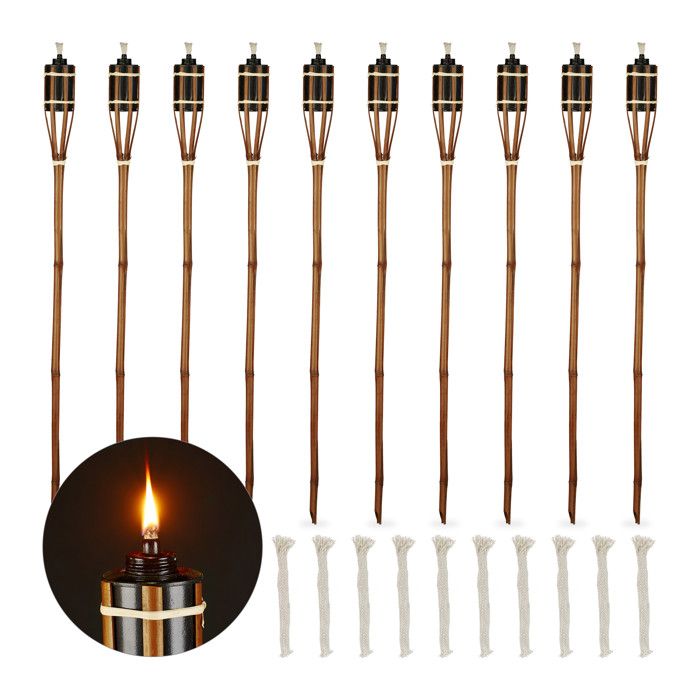 Relaxdays Torche jardin lot de 10 bambou lampe huile pour dehors avec mèches de rechange hauteur : 90 cm marron