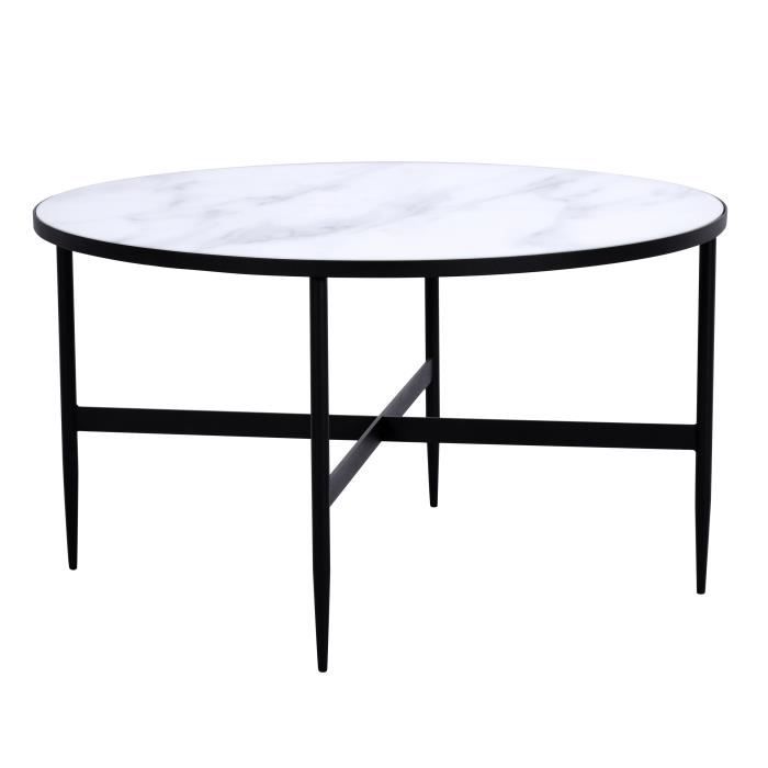 Table Basse Ronde Alaska En Verre Effet Marbre Et Metal Noir 80 Cm
