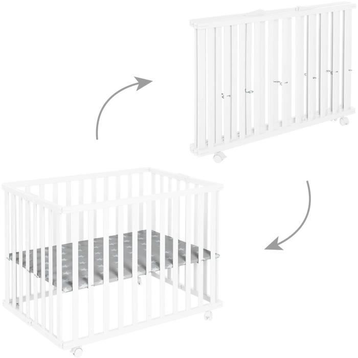 Parc+bebe+pliable+-+ROBA+-+LITTLE+STARS+-+75+x+100+cm+-+Reglable+en+hauteur+-+4+Roues+freinees+-+Bois+Laque+Blanc+-+Motif+etoile