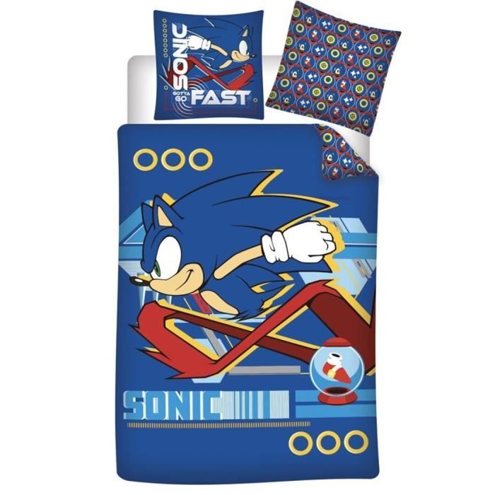 Parure de Lit Enfant coton Sonic - Gamer - Lit 1 place - Bleu - Label qualit?� Oeko Tex - Lavable 