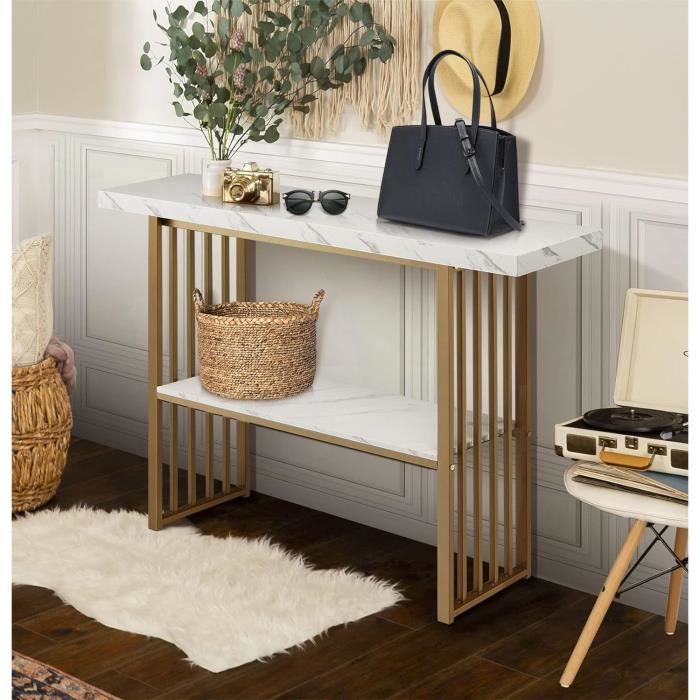 Table Console/Bout De Canapé à 2 Niveaux Effet Marbre De Style Scandinave, Pour Entrée, Doré
