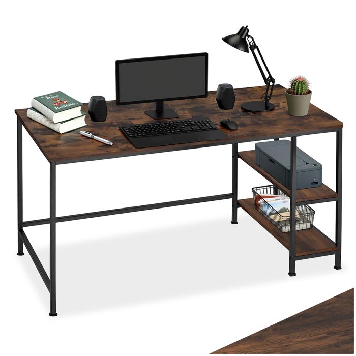 Bureau - TECTAKE - Table de bureau CANTON au style industriel en bois et acier avec 2 étages 120 x 60 x 755 cm - Marron foncé