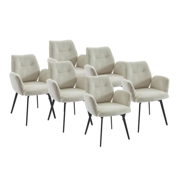 lot de 6 chaises avec accoudoirs en velours côtelé et métal - crème - milbia