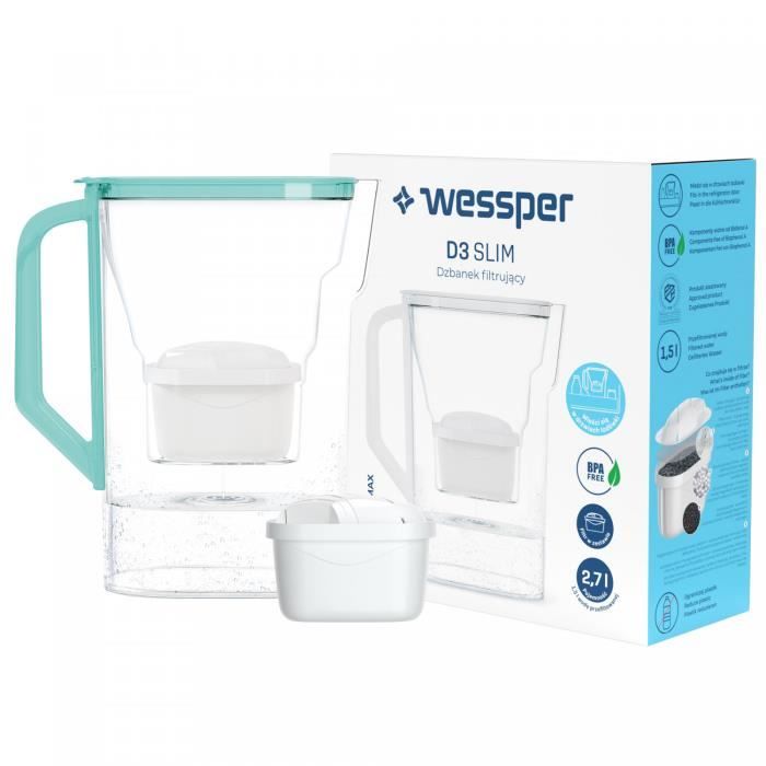 Carafe filtrante pour réfrigérateur Wessper D3 Slim Aquamax menthe 2,7L + 1 cartouche filtrante Aquamax