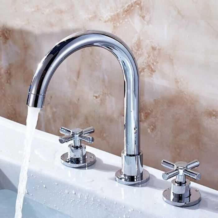 Robinet Lavabo 3 Trous Double Poignée – Cuivre Robuste, Noir Mat, Installation Facile, Pour Salle De Bain