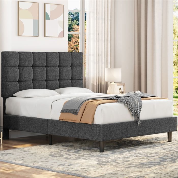 Cadre de Lit 140x200cm Capitonné Carré Tête de Lit Réglable avec Sommier à Lattes Pieds Bois Massif et Métal Gris Foncé YAHEETECH