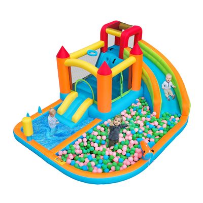 Aire de Jeux Château Gonflable Enfant avec Souffleur 610W Pataugeoire Mur d'Escalade Canon à Eau Trampoline Intégré Balles Colorées