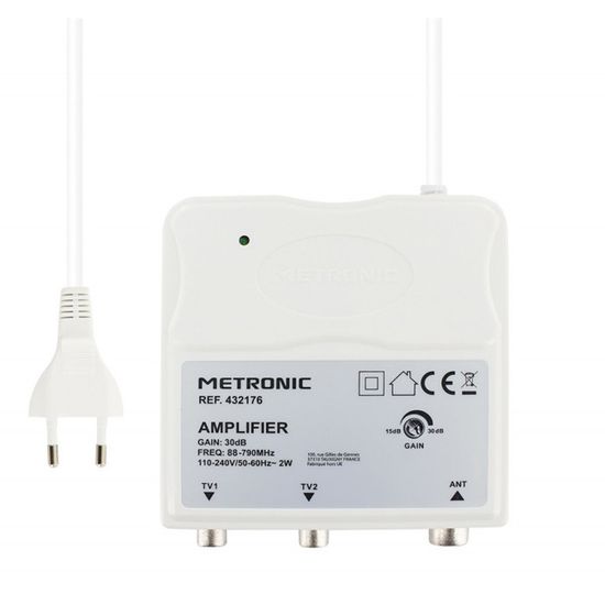 Amplificateur Intérieur UHF Metronic 332177 Avec Réglage De Gain + Câble Coaxial Conecto 1m - Parfait Pour TV Numérique