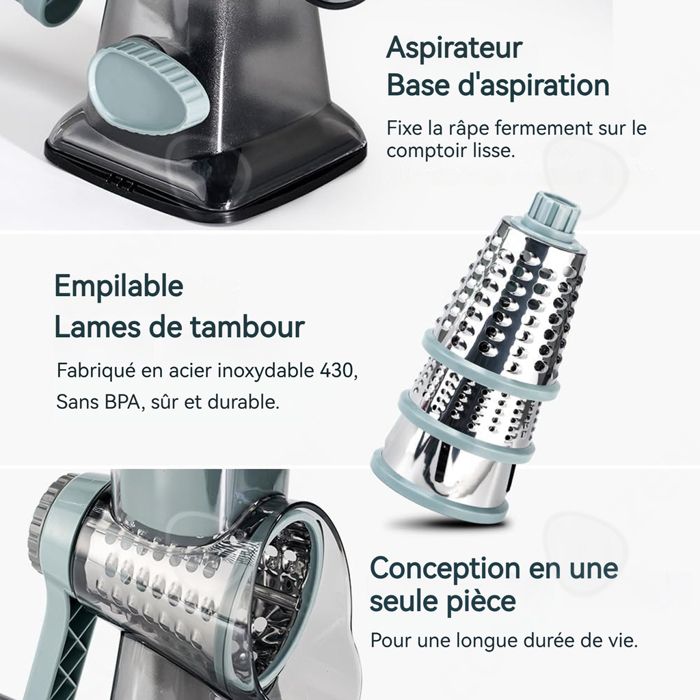 Râpe à Fromage Rotative Manuelle – Mandoline 3-en-1 Avec 3 Tambours Interchangeables, Ventouse Puissante, Pour Fromage, Légumes, Noix Et Plus