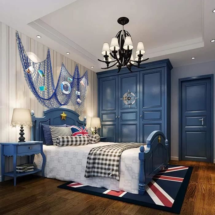 Filet De Peche Décoratif 1x2m Avec Rideau à Franges Bleu Et