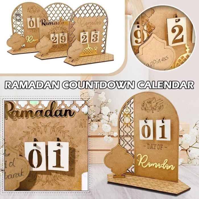 Calendrier Ramadan en Bois, 2024 Calendrier de L'Avent Ramadan en Bois de Compte à Rebours Décoration de Table DIY Eid Mubarak Ornement pour Fêtes Du Ramadan Islamique Maison