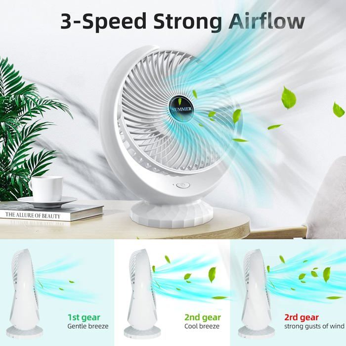 Ventilateur Home Trainer Ventilateur De Bureau USB Rechargeable 6000mAh - 5 Vitesses, écran LCD, Rotation 720°, Silencieux