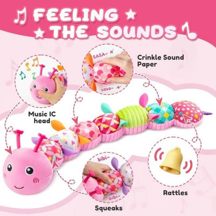 Jouet Musical Chenille En Peluche – Hochet, Grincement, Papier Froissé, Mélodie – Règle De Croissance Incluse – Dès 0 Mois