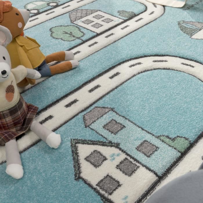 Paco Home Tapis Jeu Enfant 120x160cm - Motif Route Turquoise - Polyester Antidérapant - Pour Chambre Bébé