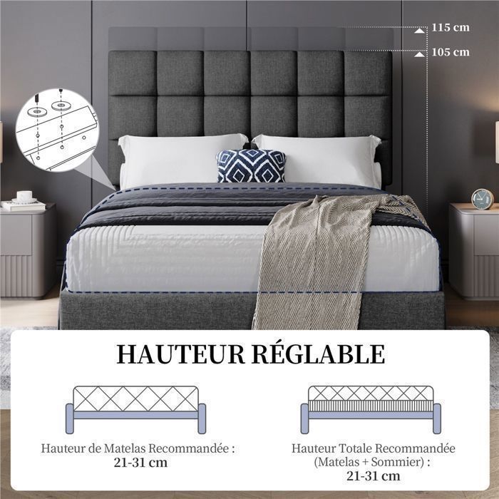 Cadre De Lit Double Capitonné 140x200cm Yaheetech - Tête Réglable Gris Foncé