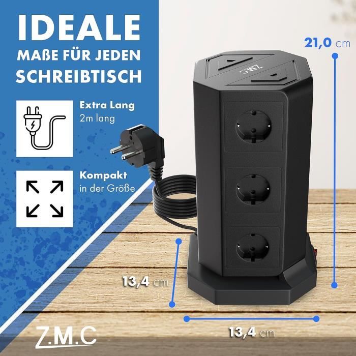 Multiprise 5 Prises + 2 Ports USB - Longueur 2m - Bleue - Marque Electraline - Neuf