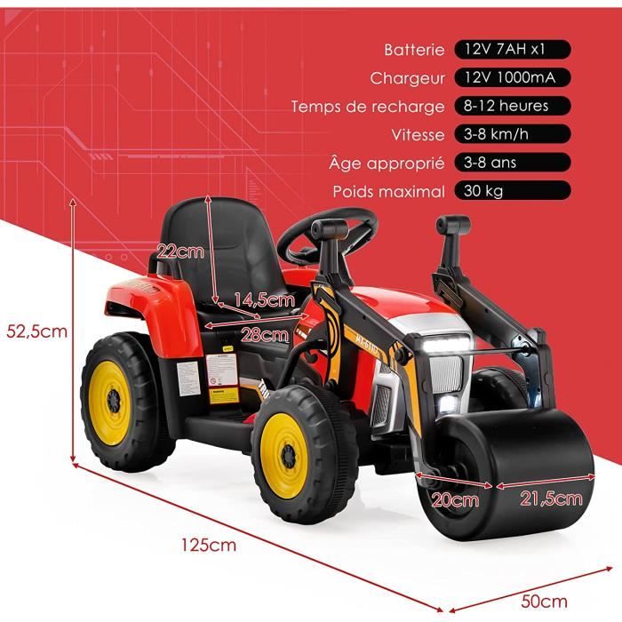 Tracteur Électrique Enfant COSTWAY - 12V, Télécommande, Pelle Et Remorque, 3-8 Ans