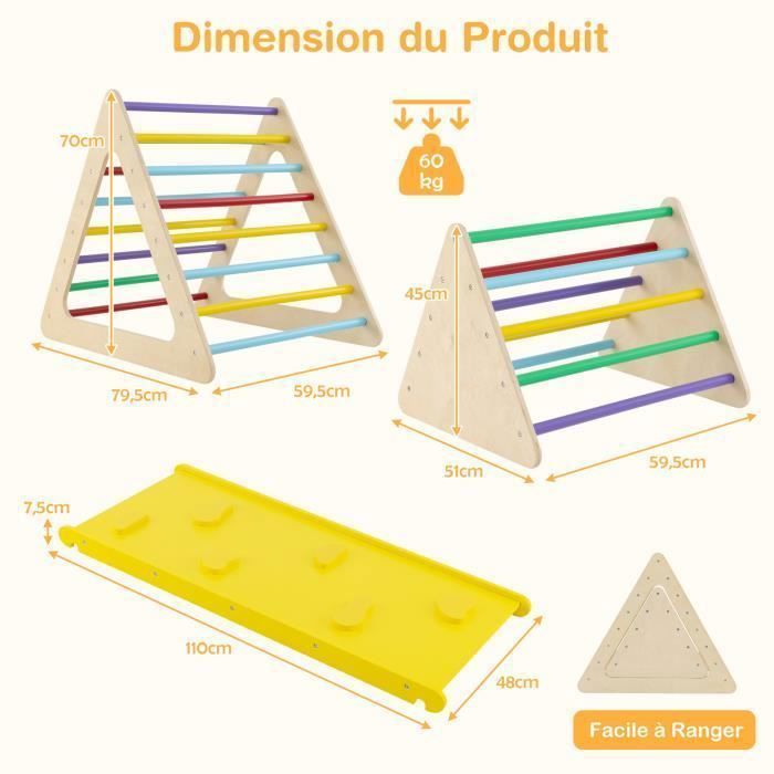 COSTWAY Triangle Escalade Bois Enfant 3 Niveaux - Échelle Triangulaire 60 Kg - Dès 3 Ans - Pin Naturel