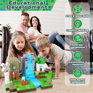 Minecraft Lot 176 Blocs Magnétiques 2,5 Cm – Jeu De Construction Éducatif Dès 3 Ans, Sac De Rangement Inclus, Cadeau Enfant