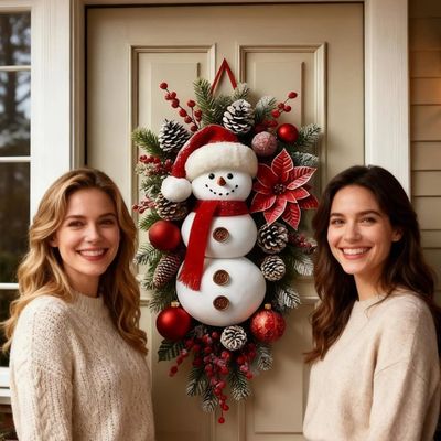 Couronne De Noël Bonhomme De Neige 35cm - Déco Porte, Mur, Fenêtre - Rotin, PVC, Flanelle - Pour Intérieur Et Extérieur