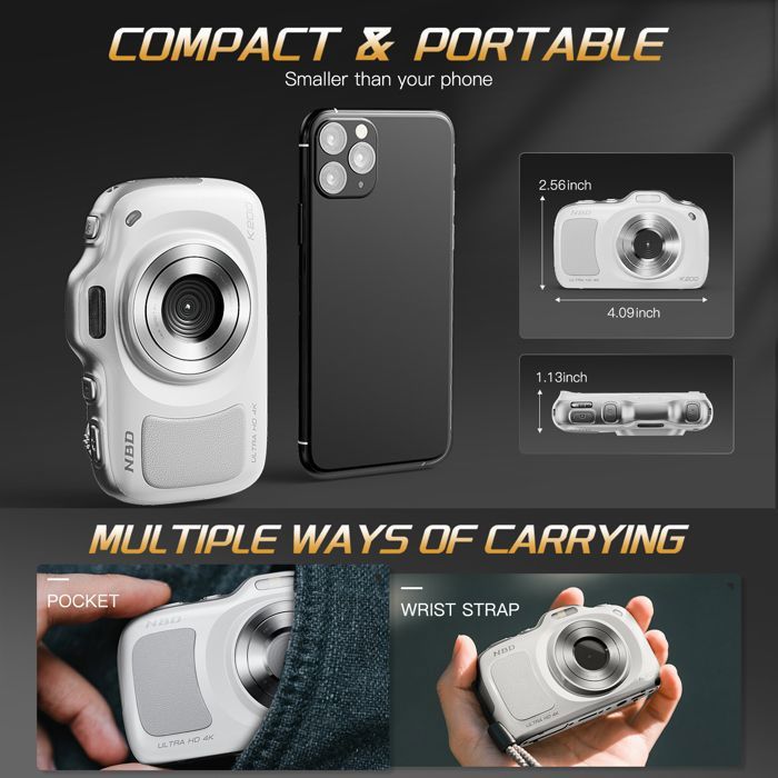 Appareil Photo Numérique 4K 64 MP - Écran Tactile 4 Pouces - Zoom 16x - WiFi - Pour Débutants Et Voyage - Kit Complet