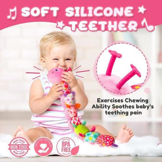 Jouet en peluche musical pour bébé fille avec froissement, hochet et textures multisensoriels, jouet pour nouveau-né de 0 à 3 à 6 à 12 mois, chenille (violet