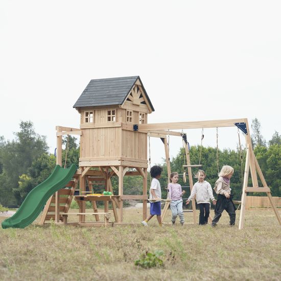 Axi Hunter Aire De Jeux En Bois, 2 Balançoires, Toboggan Double, Bleu Pastel | Maisonnette Xxl/Equipement De Jeux Pour Enfants Avec Structure