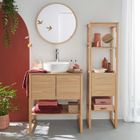 MOB-IN Meuble de Salle De Bain Chêne 70 cm ATOLL + Colonne + Miroir Rond 60 cm + Vasque ronde 37 cm Bois Clair