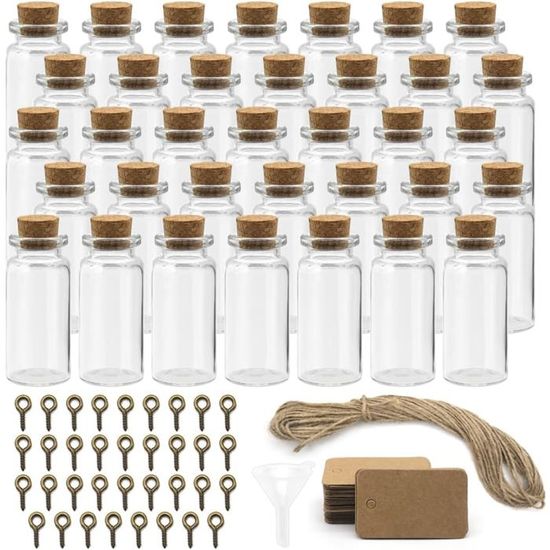 35 Mini Bocaux Verre 10ml Avec Bouchons Liège - Crochets, Corde Chanvre, Étiquettes - DIY Décoration Fête