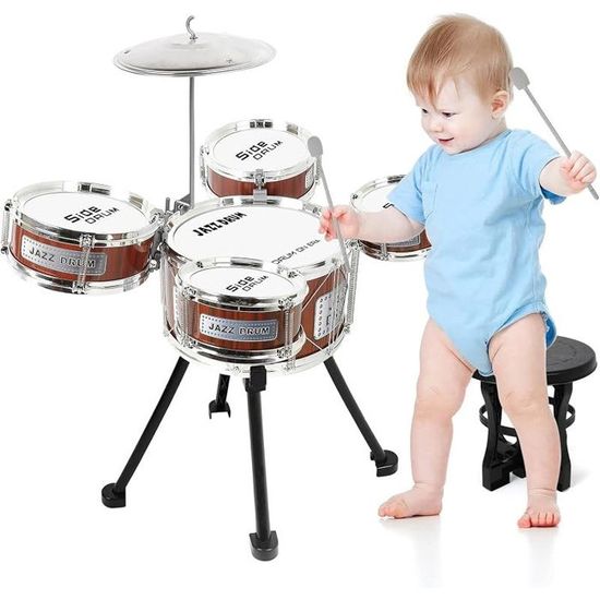Kit Batterie Enfant 5 Tambours – Avec Tabouret, Cymbale, Baguettes, éclairage LED, Structure Inclinée 30°, Dès 3 Ans, éducatif