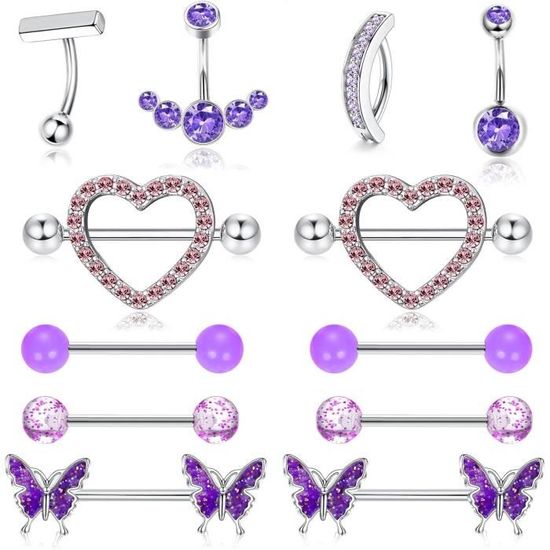 Piercing Nombril Acier Inoxydable - Forme Cœur/étoile Avec Zircone Rose/bleu - 9