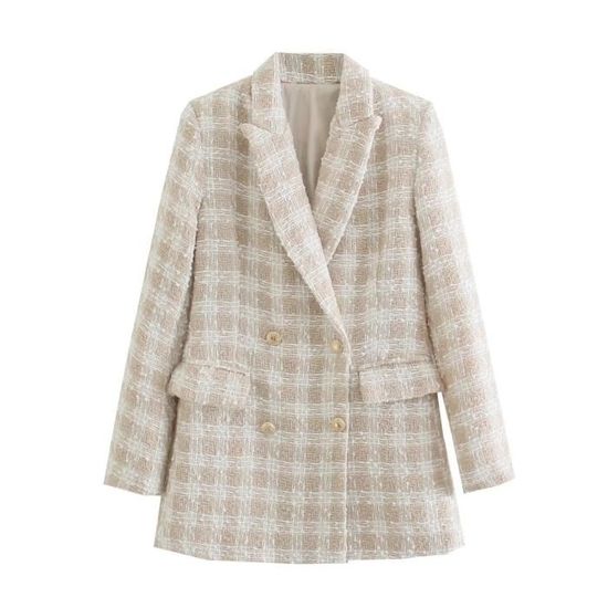 Veste Femme En Tweed Épais - Blazer Décontracté à Carreaux, Manches Longues, Poches - Idéale Printemps/Automne