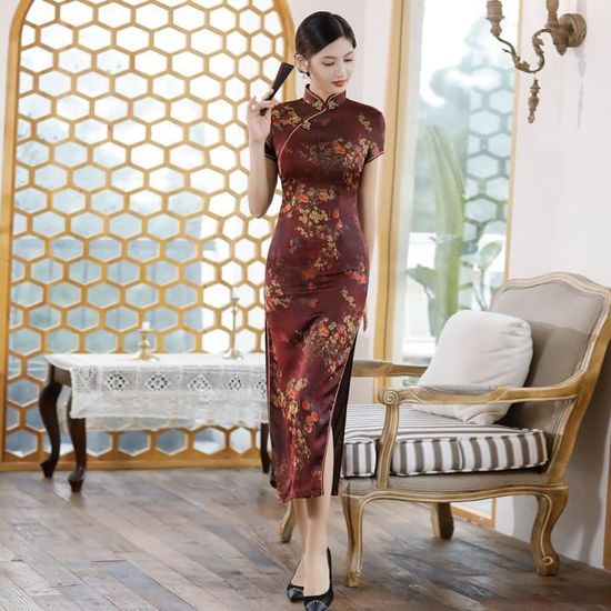 Robe D'été Traditionnelle Chinoise Qipao - Col Montant, Manches Courtes, Longueur Maxi En Polyester