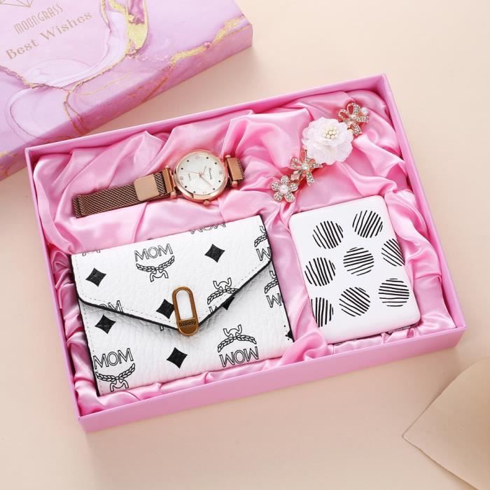 Coffret Cadeau Femme Couple - Montre Femme Fille - Coffret avec Portefeuille Femme - Miroir de Maquillage - Pince à cheveux rose