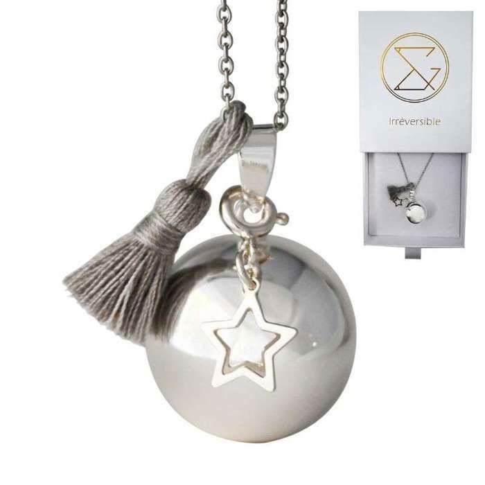 Bola de grossesse argent lisse avec chaîne - ALICE (Etoile/pompon gris) - plaquée argent véritable - coffret cadeau femme enceinte