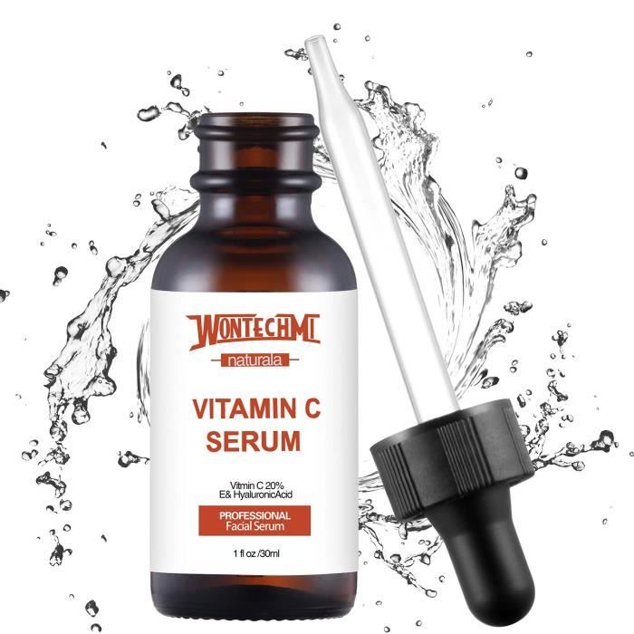 Sérum de vitamine C pour le visage contenant de l'acide hyaluronique, vitamine E et C. Ce traitement anti-rides et anti-âge peut