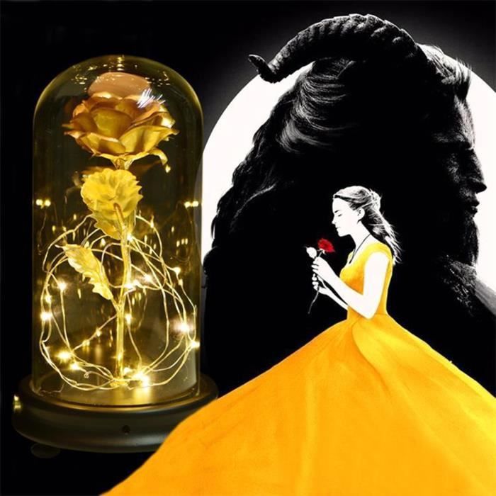 Rose Eternelle et lumière LED -La Belle et la bête- - Plaqué Or 24K - Couleur dorée HB013 HB066