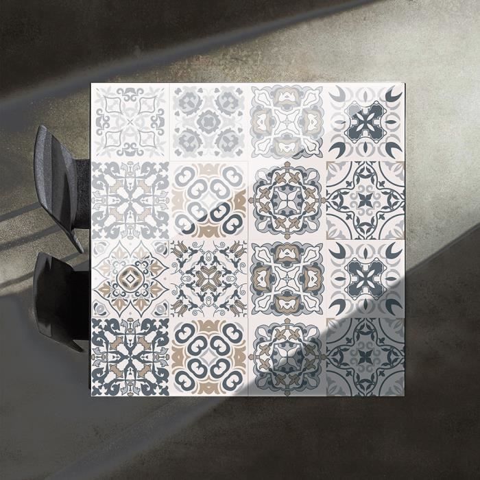 Sticker Autocollant Carreaux de Ciment, PVC Style Moderne Stickers Autocollant Muraux Étanche Décoration 10 pièces (20 x 20 cm)