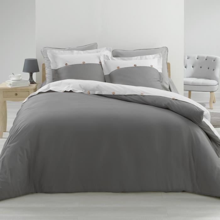 Ensemble en percale 78 fils parure 220x240 cm Vice versa anthracite + drap housse 140x190 cm Blanc