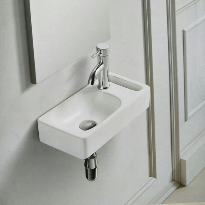 Lave main Rectangulaire Droite avec Porte serviette - Céramique Blanc - 44x22 cm - Pratic.