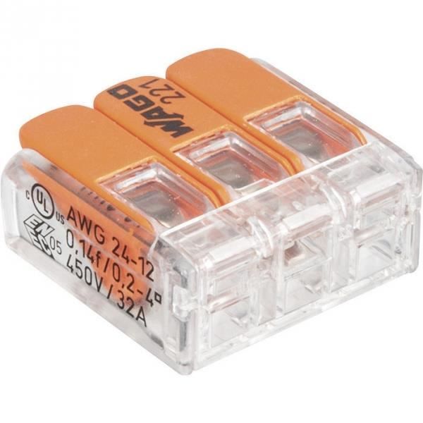 Mini borne de connexion à levier 3 fils - Série 221 - Vendu par 50 - Wago