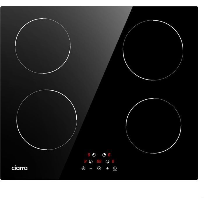 Ciarra Table de Cuisson Induction 59cm 6000W 4 Foyers Touche Sensitive Minuterie Auto-Arrêt Noir