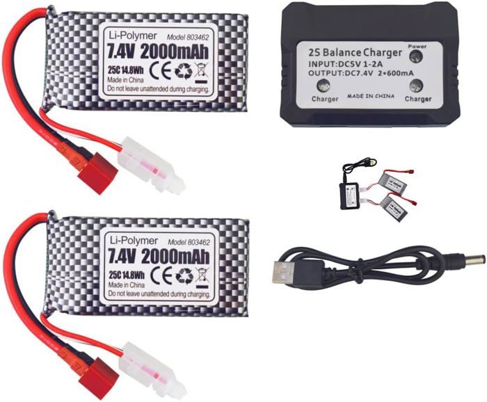 Batterie Li-Po 7.4V 1700mAh Avec Chargeur 2 En 1 - Pour Voitures RC 9200, 9200E, HB101, S920, Etc. - Lot De 2